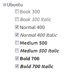 Deret pilihan dalam bentuk kotak centang pada halaman Quick Use Google Fonts