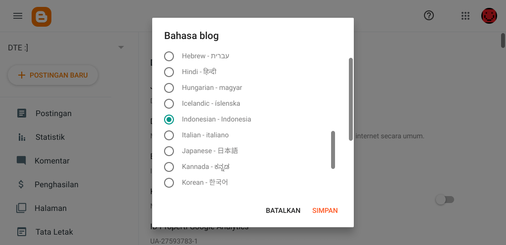Pengaturan bahasa antarmuka.